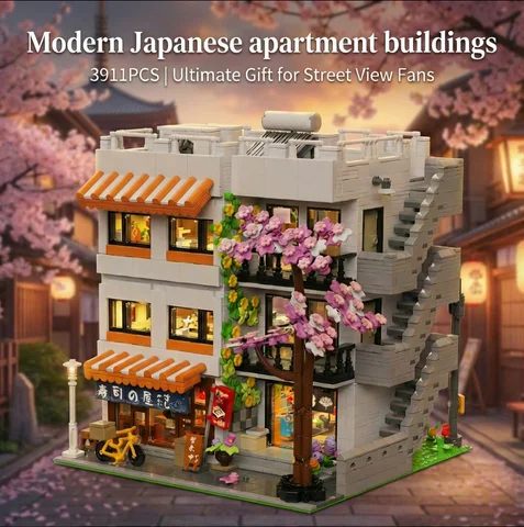 Modern Japanese Apartment Building Blocks Set Cherry Blossom Street View Sushi Shop Modular Model LED Toys Idea Home Decor Gifts