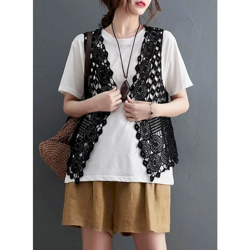 

Solid Vests Women Summer Literary V-neck Smock Korean Style Sleeveless Cardigans Casual Hollow Out Design Waistcoats for Women