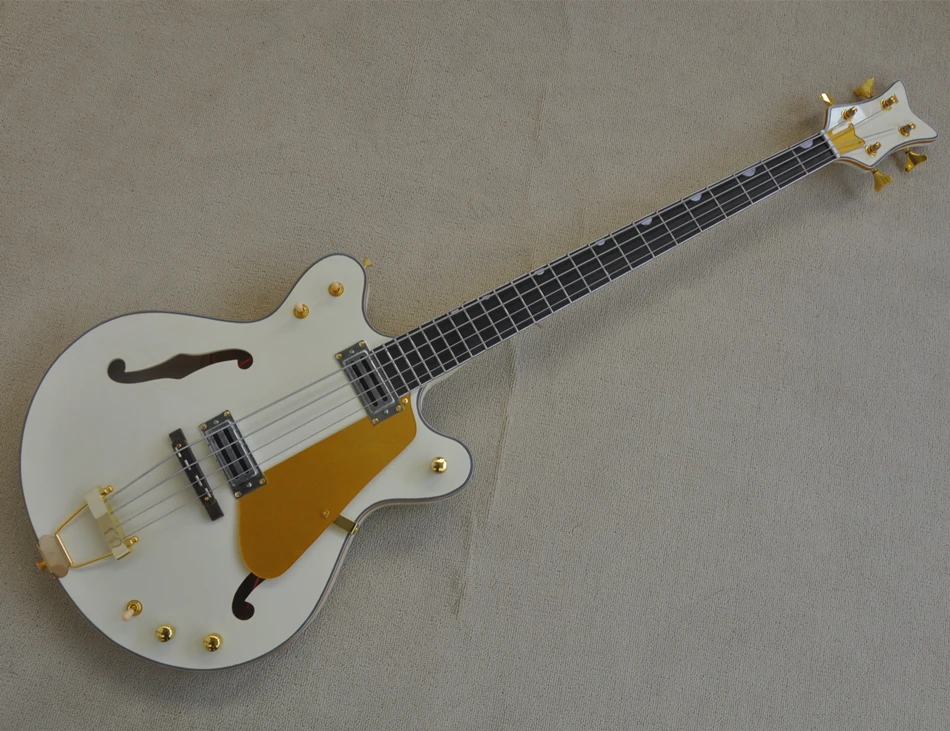 Guitarra de Bajo Eléctrico de 4 cuerdas de Color blanco, cuerpo semihueco con golpeador dorado, oferta personalizada