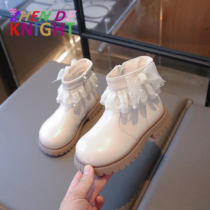 

Детские модные ботинки с кружевом и жемчугом, осень 2023, однотонные кожаные ботинки на хлопковой подкладке, новая обувь для маленьких девочек