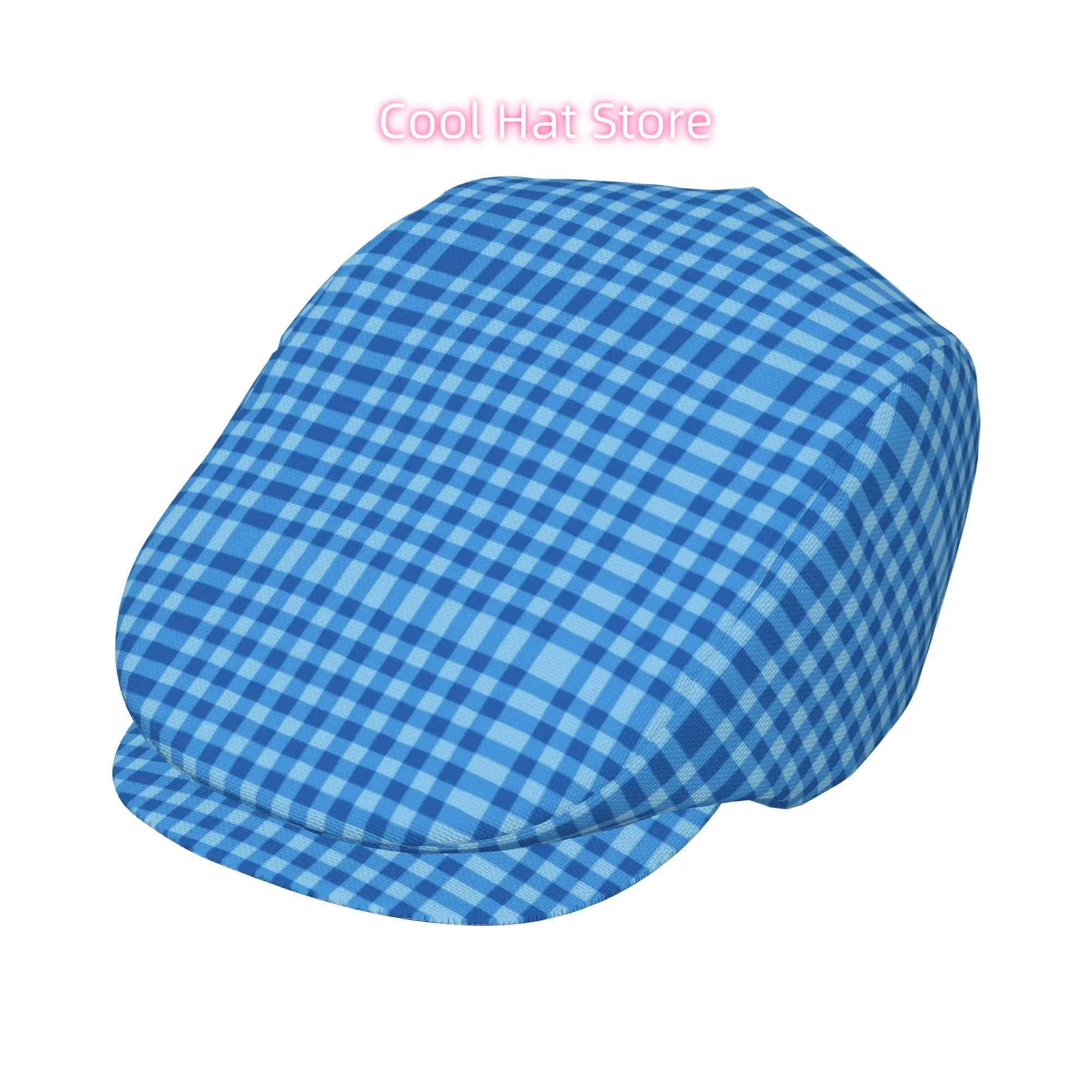 Men'S Beret Hat Featuring a Blue Checkered Gradient Design, Made of Polyester And Adjustable. Also Available Are Newsboy Hats, C