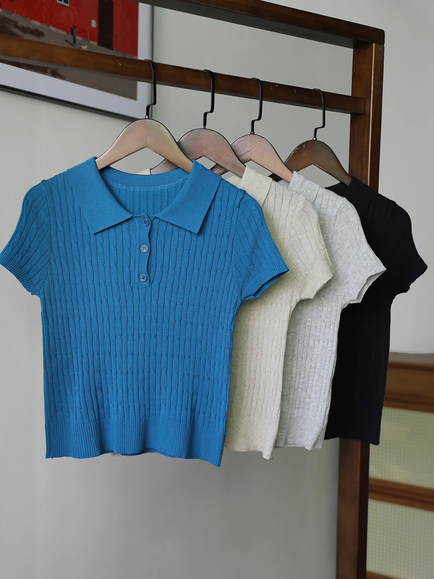 

Retro Neck Short Sleeve Knitted Shirt Women Summer Slim Fit Short Length Texture T-Shirt Overhead Clothes