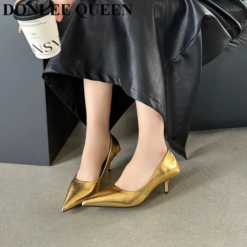 Women Pumps Pointed Toe Dress Shoes Thin Med Heels Elegant Office Party Pumps Fashion Gold Sliver White Shoes For Wedding  Mujer