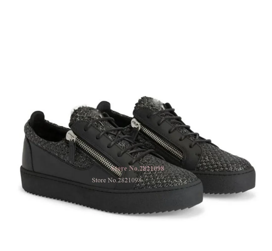 Black Leather Flat Textured-Finish Sneakers Low Top Casual Shoes Men Side Zip Lace Up Flats Platform Daily Walking Shoe