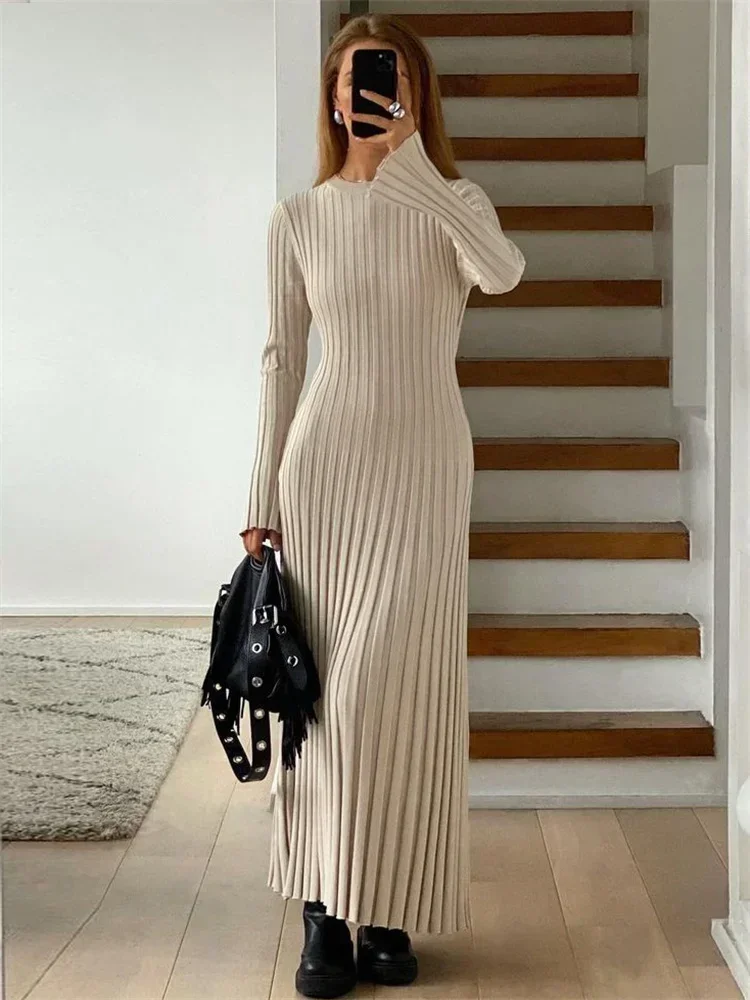 BWQ Lace-Up Female Knit Maxi Dress Autumn High Waist Fashion Patchwork Long Sleeve Loose Solid Dress Bandage Knitwear Dress