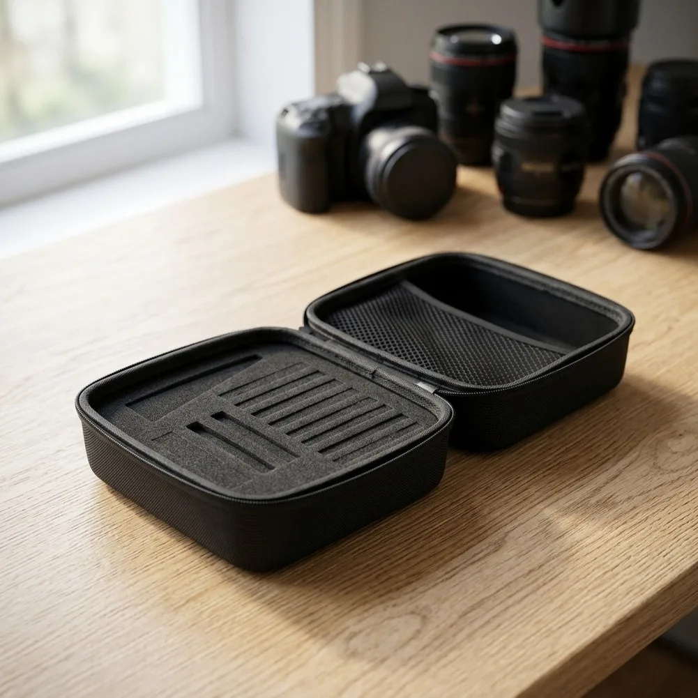 Black Mobile Filter Storage Bag - Lightweight Mesh Cloth and Sponge Protective Case for Camera Filters 18x18x10.5cm