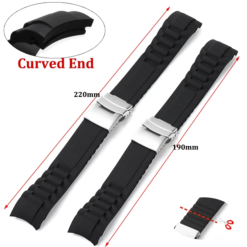 Curved End Silicone Extra Long Watch Strap 16/18/20/22/24/26mm Folding Buckle Universal Watchband Men\'s Big Size Wrist Bracelet