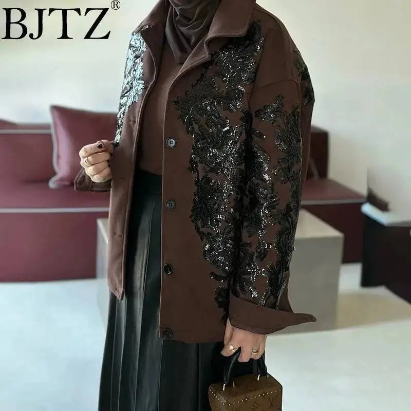 

BJTZ 2025 Spring New Woman Clothing Jacquard Design Jackets Lapel Single Breasted Long Sleeve Streetwear Bomber Jacket