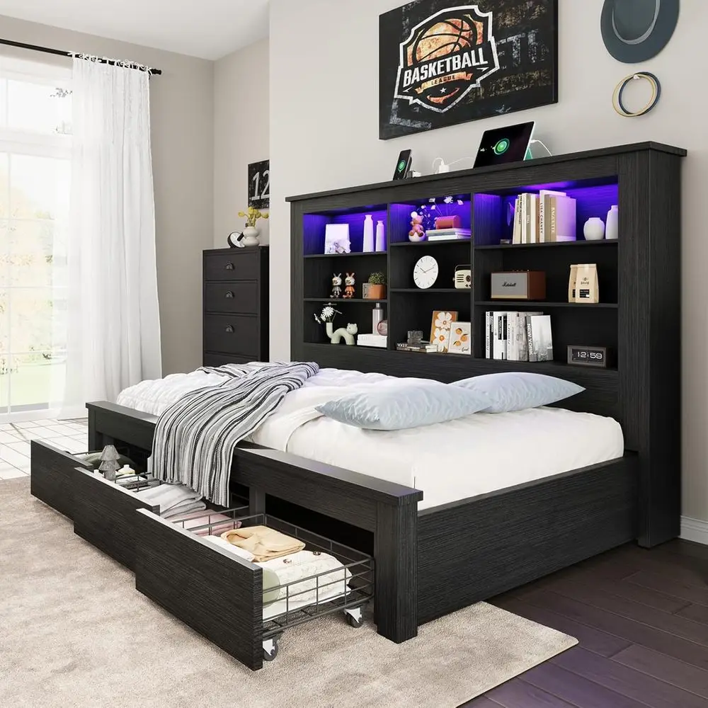Cama de Solteiro com Gavetas de Armazenamento, Estante, Portas USB, Iluminação RGB, Estilo Divã, Sem Box Spring, Preto |   49 Prateleiras Altas, 3 com Rodas