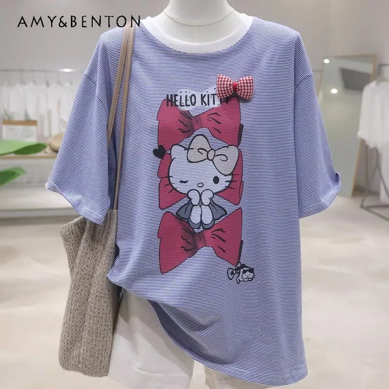 

Soft Comfortable Pinstripe Age-reducing Cute Cartoon Bow T-shirt 2025 Summer Loose Cotton Short-sleeved Tshirts Pullover Ladies