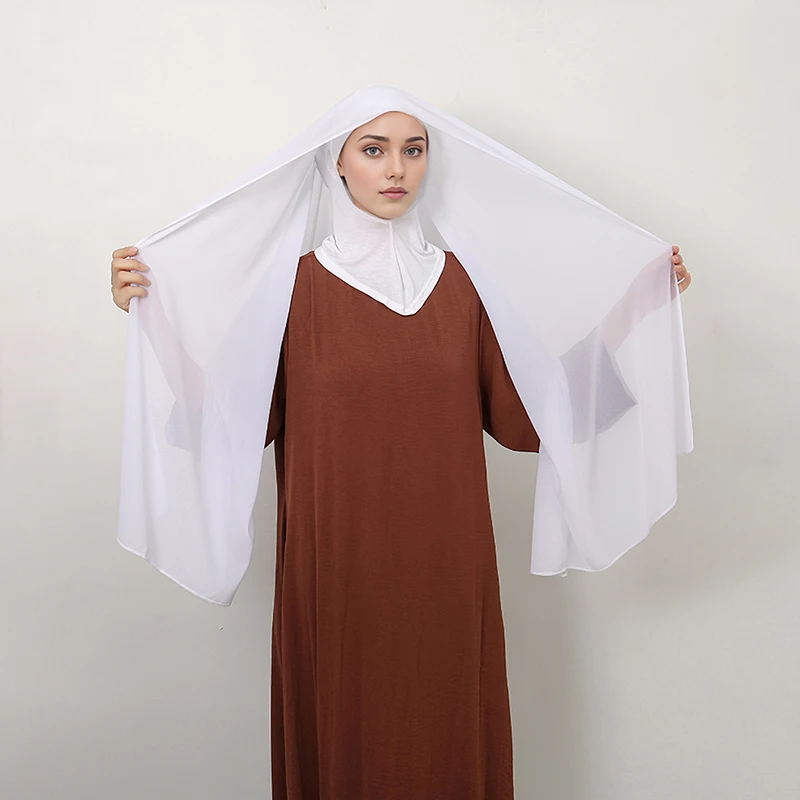 Ramadan Instant Hijab Set Long Neck Cap With Chiffon Scarf Solid Bonnet Hat And Scarf Combo Muslim Woman Hijab Shawl Wrap Turban