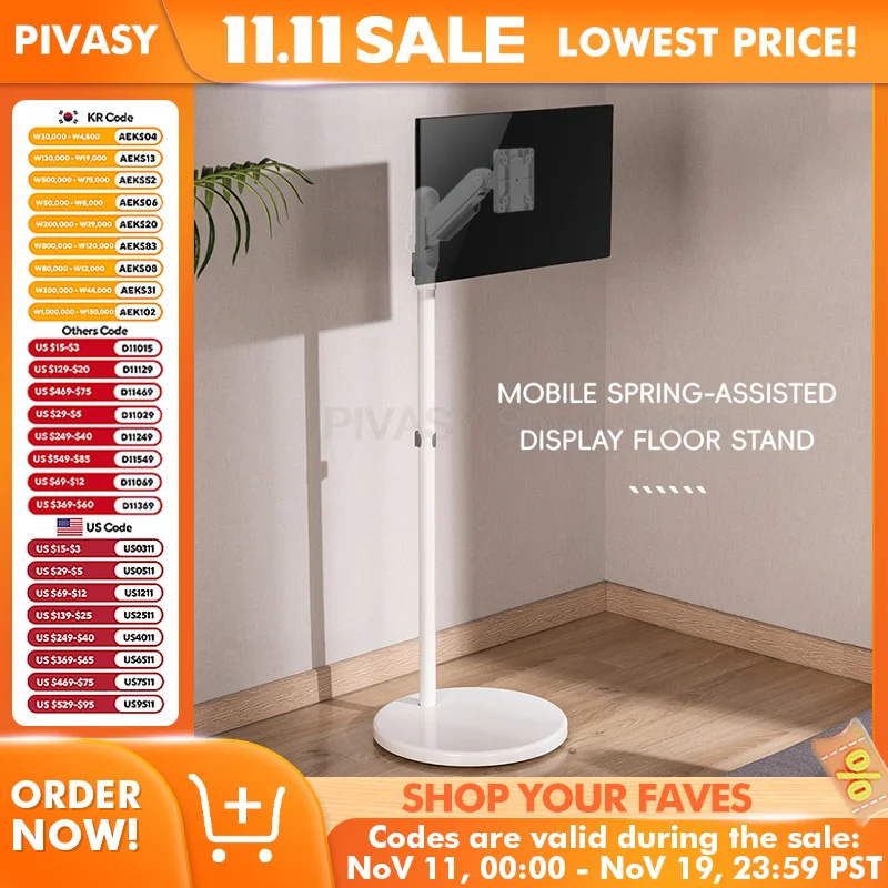 Rolling Mobile TV Cart on 5 Wheels Flat Screen 360° Adjustable Rotatable with Swivel Mount Portable Stand Floor Monitor Holder