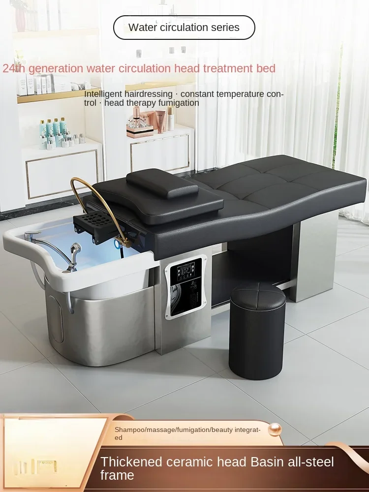 Thai head therapy water circulation, fumigation ceramic basin, stainless steel shampoo bed