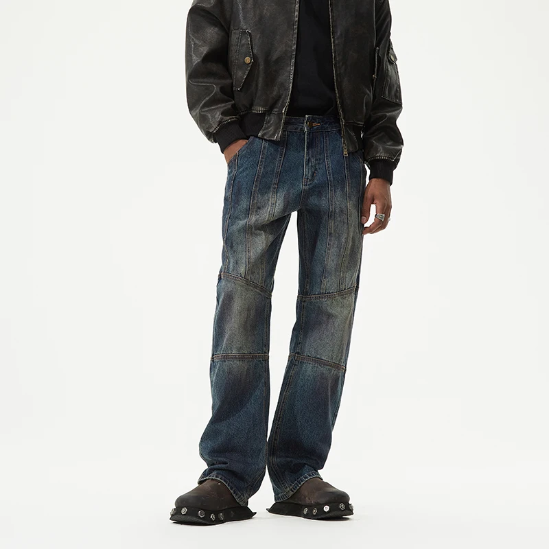 

Мужские джинсы в стиле ретро с пэчворком, свободные прямые повседневные брюки, модные широкие джинсы в уличном стиле для осени