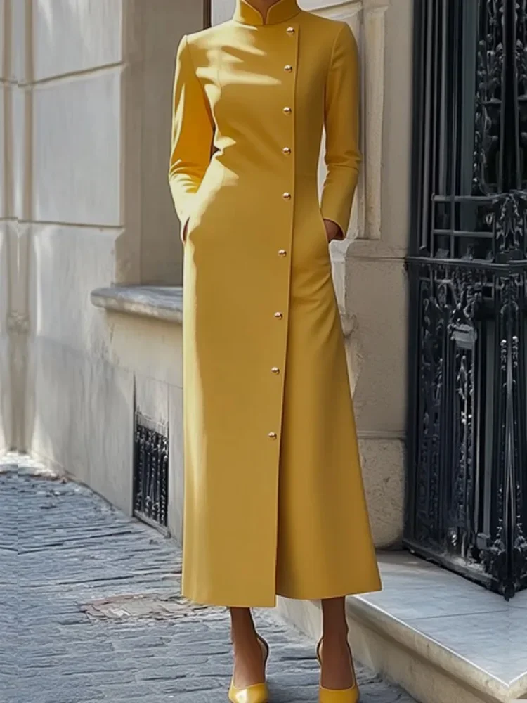 Lemongor Female British Style Buttoned Elegant Evening Maxi Dresses 2024 New Autumn Long Sleeves Solid Color Urban H-Line Dress