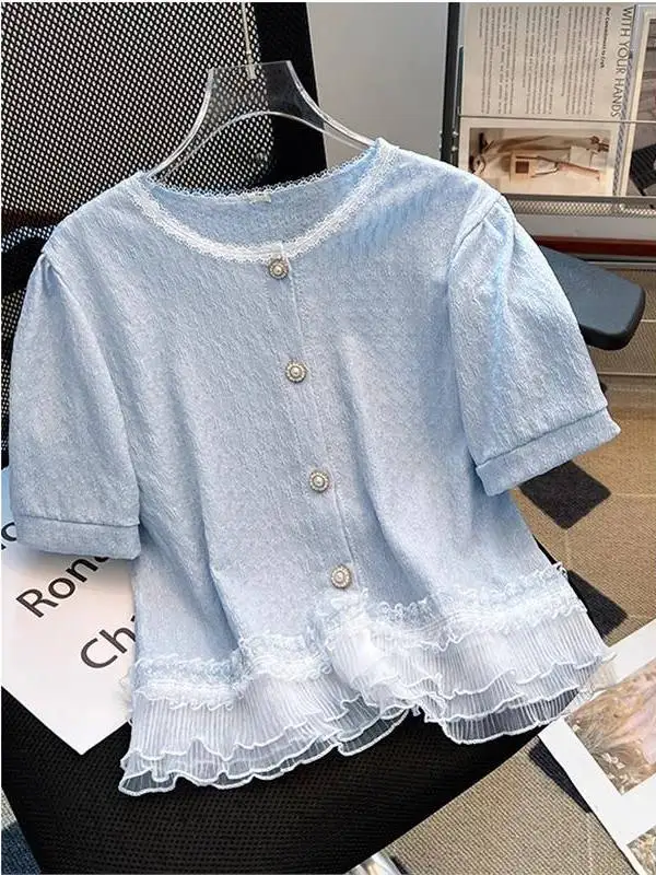 

Женская летняя модная блузка Peach Snow с коротким рукавом, кружевной отделкой, круглым вырезом, из тонкого материала, больших размеров, укороченного фасона, красивый топ