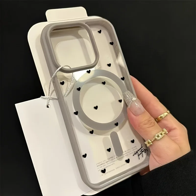 For Wireless Charging Magnetic Phone Case for iPhone 18 17 13 12 14 15 16 Pro Max 11 16E 16 Plus Air With Black Love Heart Cover