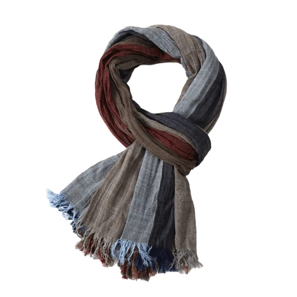 Vintage Color Block Striped Cotton Linen Scarf Soft Crinkled Fringe Dual-Use Neck Wrap Polyester Large Size Neck Warmer Spring