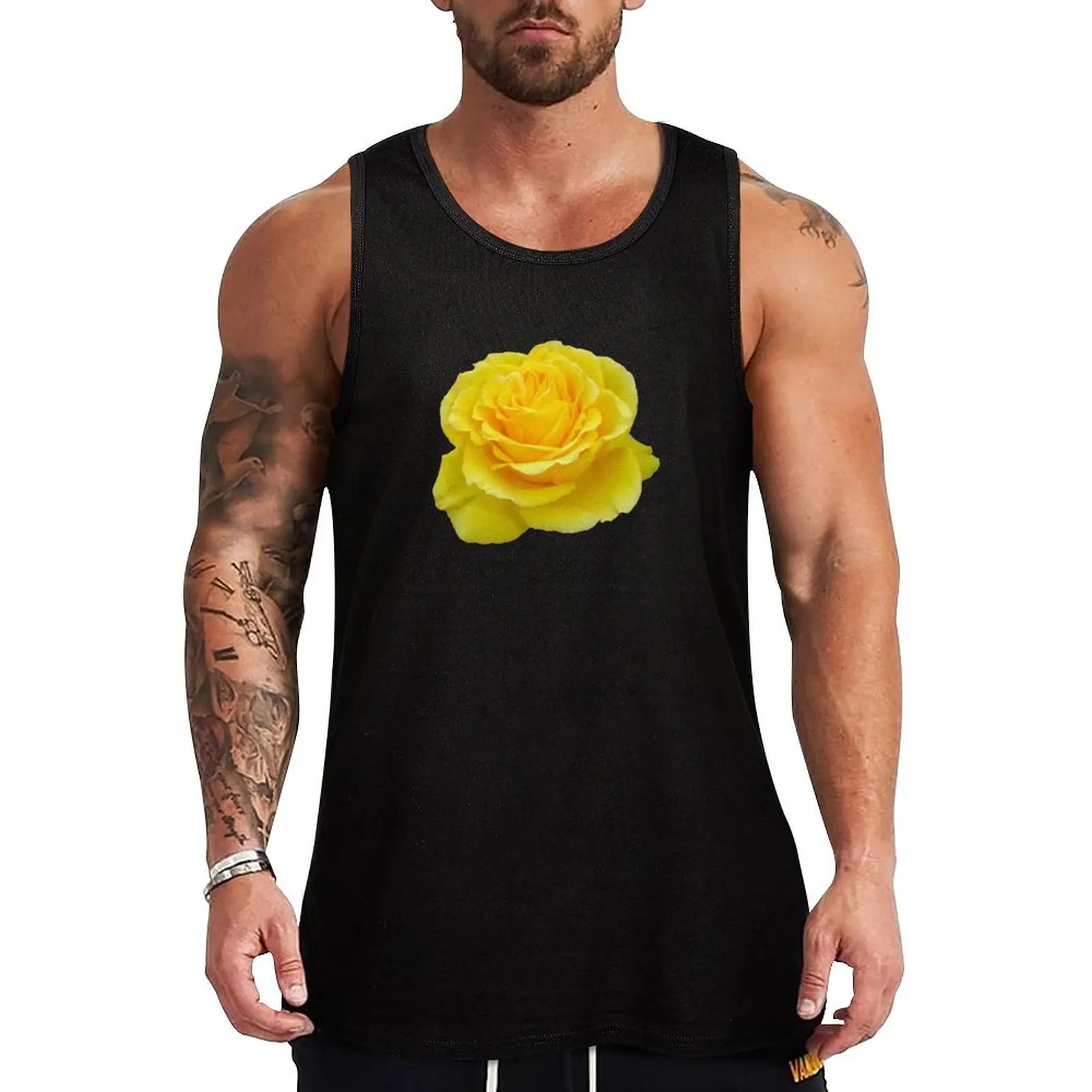 Beautiful Yellow Rose Flower on Black Background Tank Top gym clothes man Short sleeve basketball