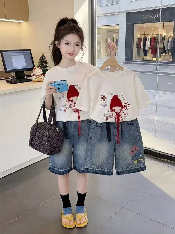 

Girls Summer Short Sleeve T-Shirt Denim Casual Fashion Red Hat Two-Piece Set Thin 8 Children's Clothing Online Exclusive