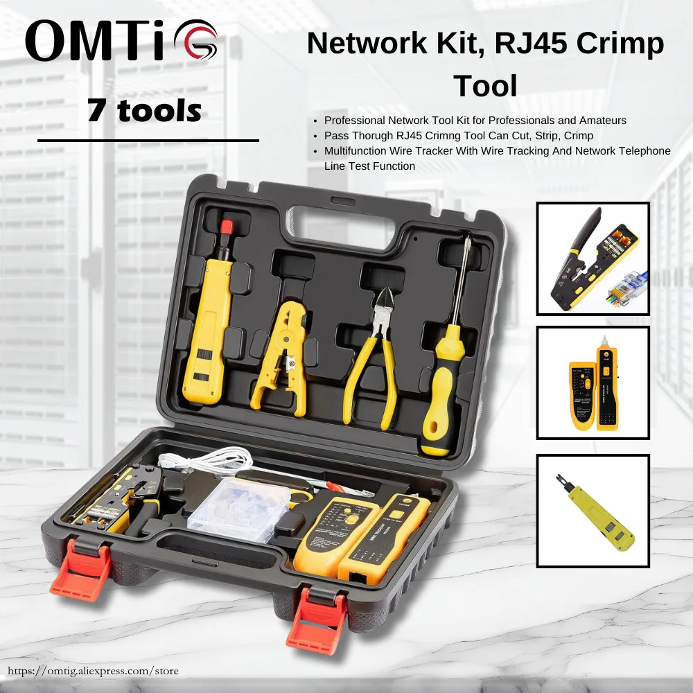 OMTiG Network Kit, RJ45 Crimp Tool Pass Through Crimper, Wire Tracker, Punch Down Tool, Stripper, Cutter, Cat6 Connectors