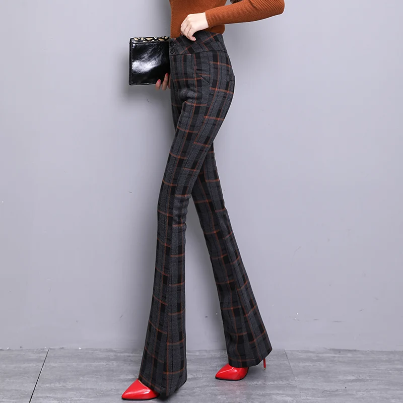 Thiened Woolen Hosen Hohe Taille Abnehmen Casual Hosen Retro Plaid Micro Ausgestelltes Hosen Winter Neue Ankunft Frauen Faion