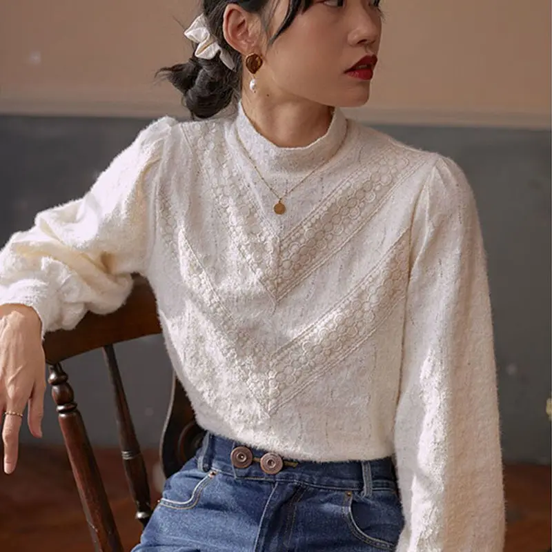 Elegant Half Turtleneck Lace Blouse Knitted Pullover Puff Sleeves Fashion Women Autumn Shirts Korean