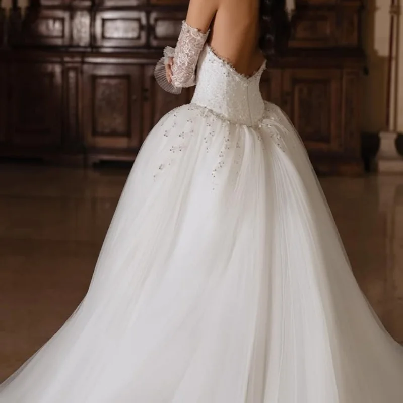 Customized Shiny white Ball Gown Royal Wedding Dresses Lace applique Tull Long tail Made Robe De