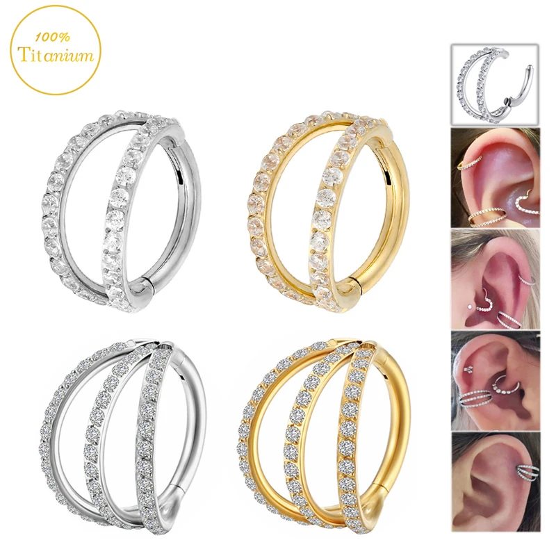 

G23 Titanium Tragus Piercing Earrings Fan Zircon Rings Hight Segment Clicker Septum Nose Rings Cartilage Helix Piercing Jewelry