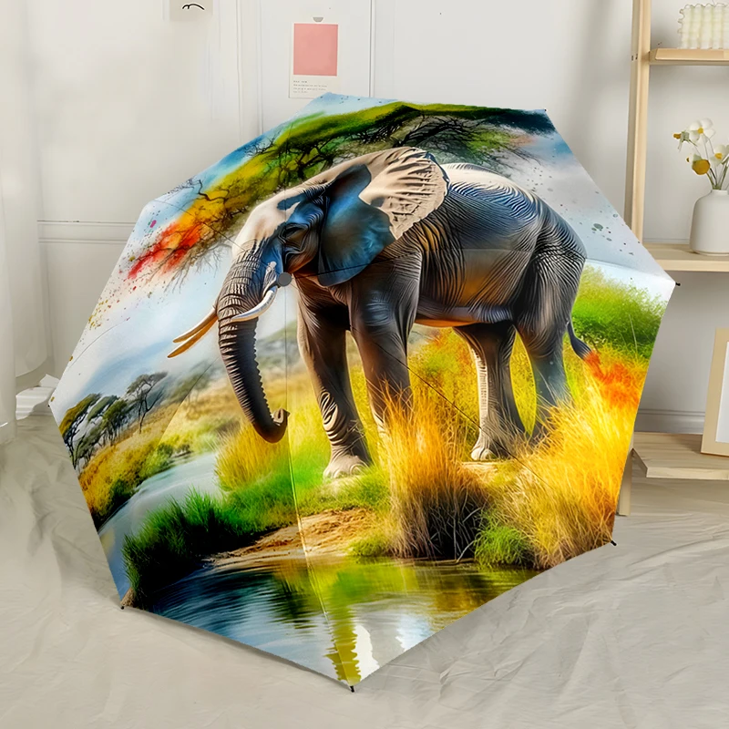 Elephant Theme Design Folding Umbrella - Fashionable Auto-Open Design 8 Iron Ribs Plastic Handle Foldable Sunshade，Perfect Gifts