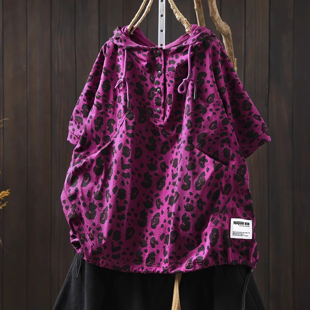 2025 Vintage animal leopard print hoodies for women pullover summer Spain style harajuku fashion short sleeve hooded shirts