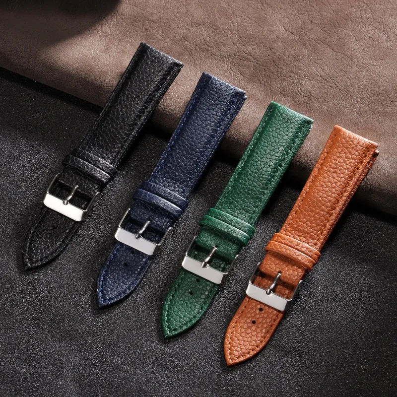 Leather Watch Strap 10/12/14/16/18/20/22mm Soft Cowhide Lychee Pattern Watchband Comfort Wristband for Business for Smart Watch