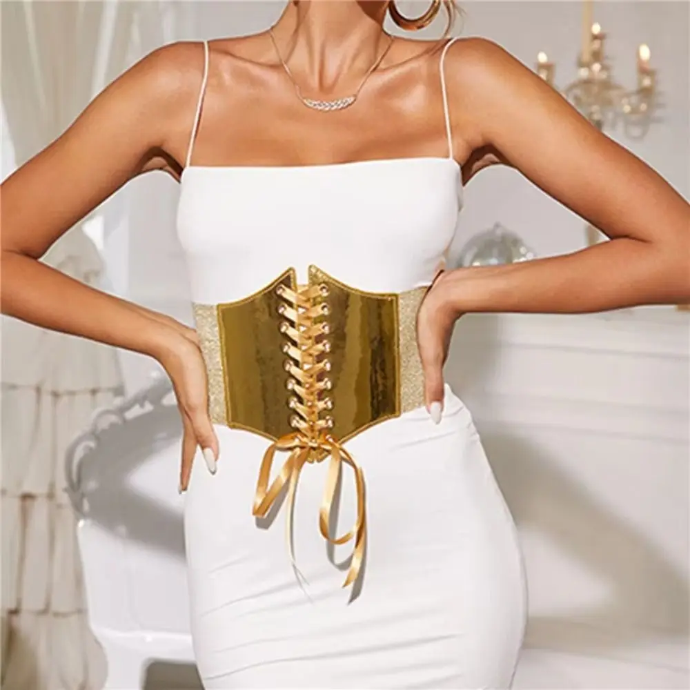 เข็มขัดรัดเอวหนัง PU สีทองสำหรับผู้หญิง แบบยืดหยุ่น รัดเอวสูง สำหรับใส่กับชุดเดรส