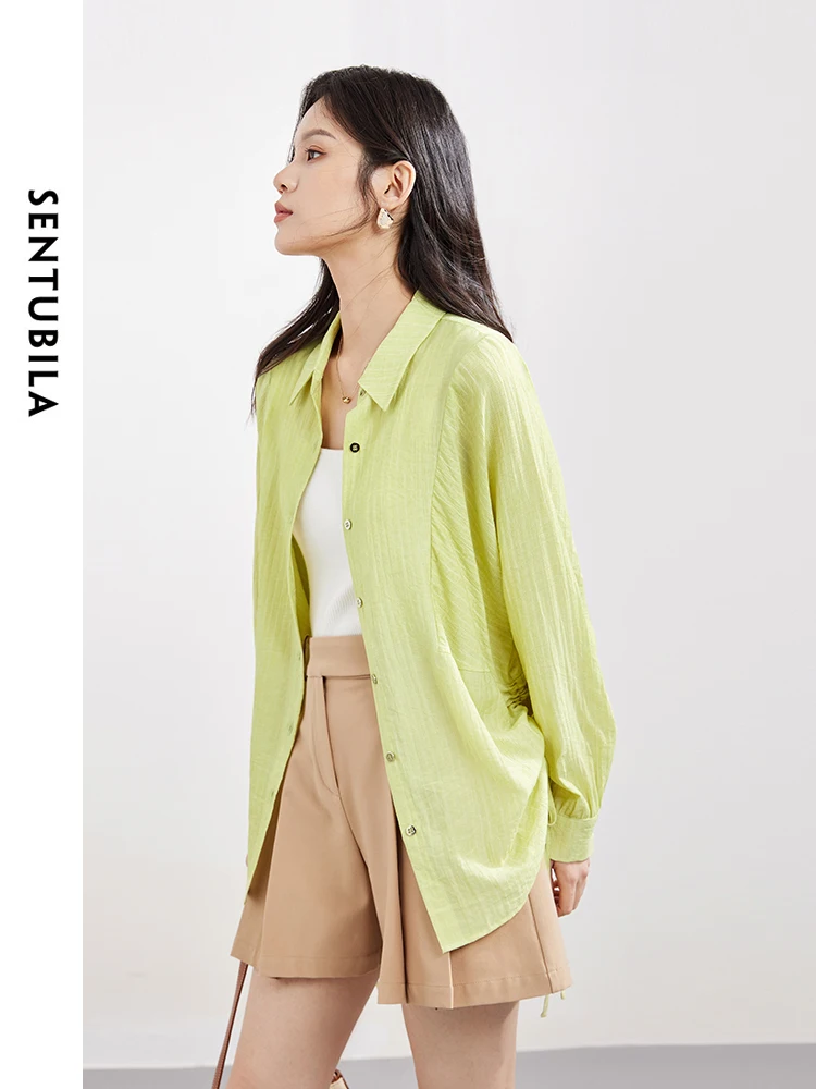 

SENTUBILA Green Side Shirring Button Up Womens Shirt 2024 Spring Polo Collar Casual Loose Long Sleeve Blouses Clothing W41C53593