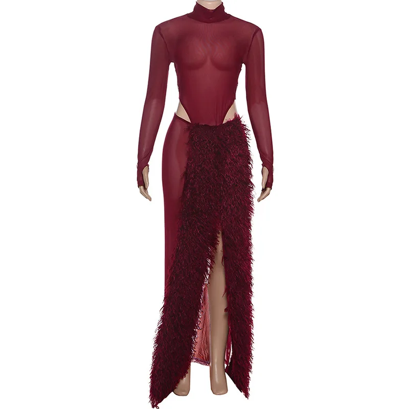 ريشة عنابي فستان الحفلة الراقصة 2 قطعة بذلة المرأة + تنورة سبليت عالية الرقبة كم كامل الزفاف الرسمي ضيف رداء مأدبة فستان زفاف #4