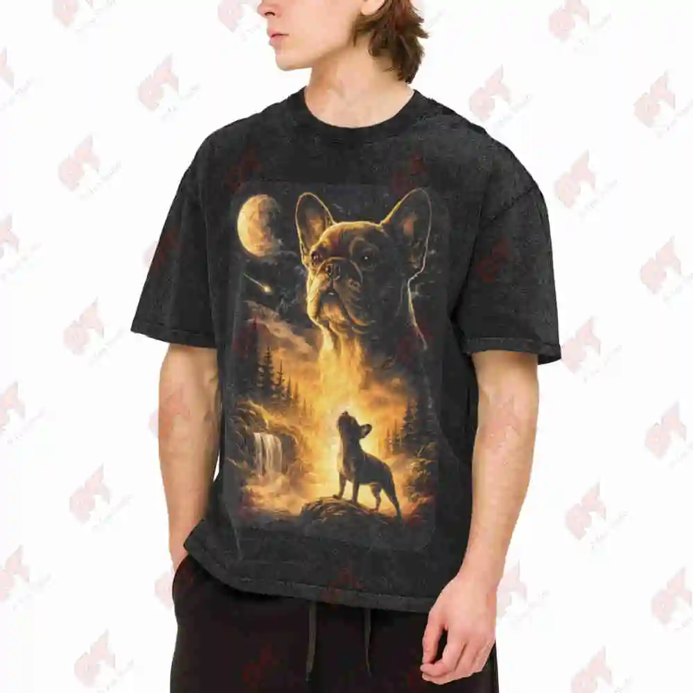 French Bulldog Howling Moon Vintage Washed Tee Pure Cotton T-Shirt