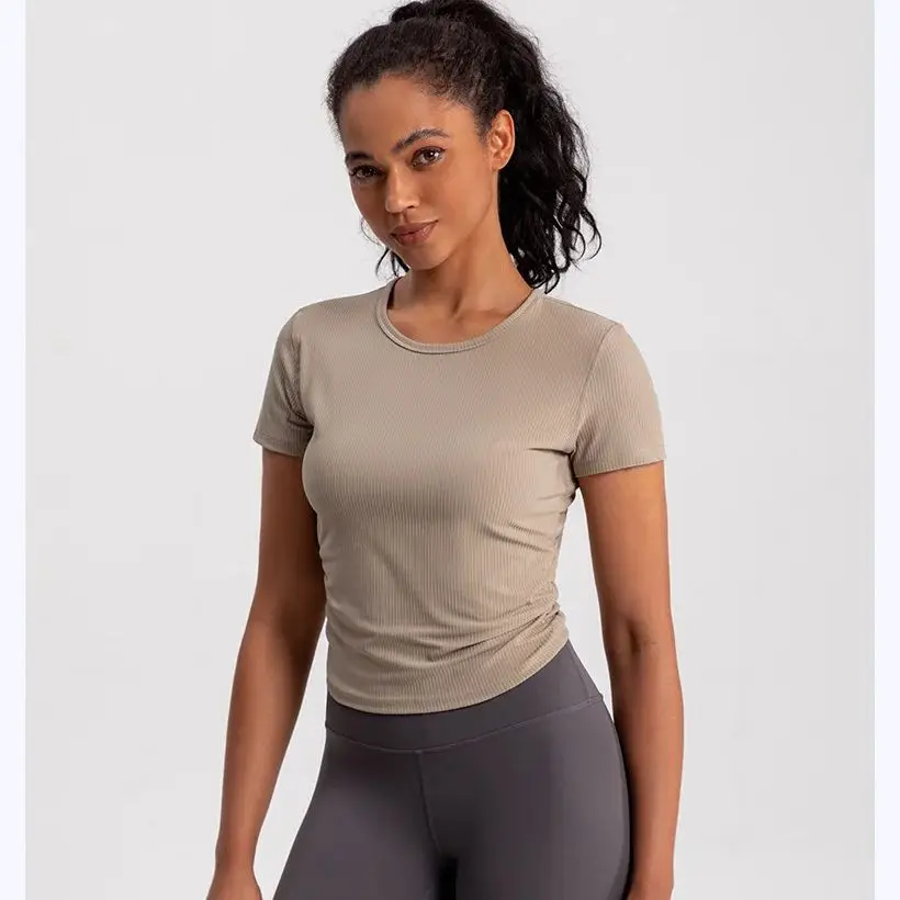 T-shirt da yoga senza cuciture da donna Camicia sportiva a costine Top da palestra traspirante Camicetta sportiva Camicia T-shirt da corsa a maniche corte Camicie da yoga