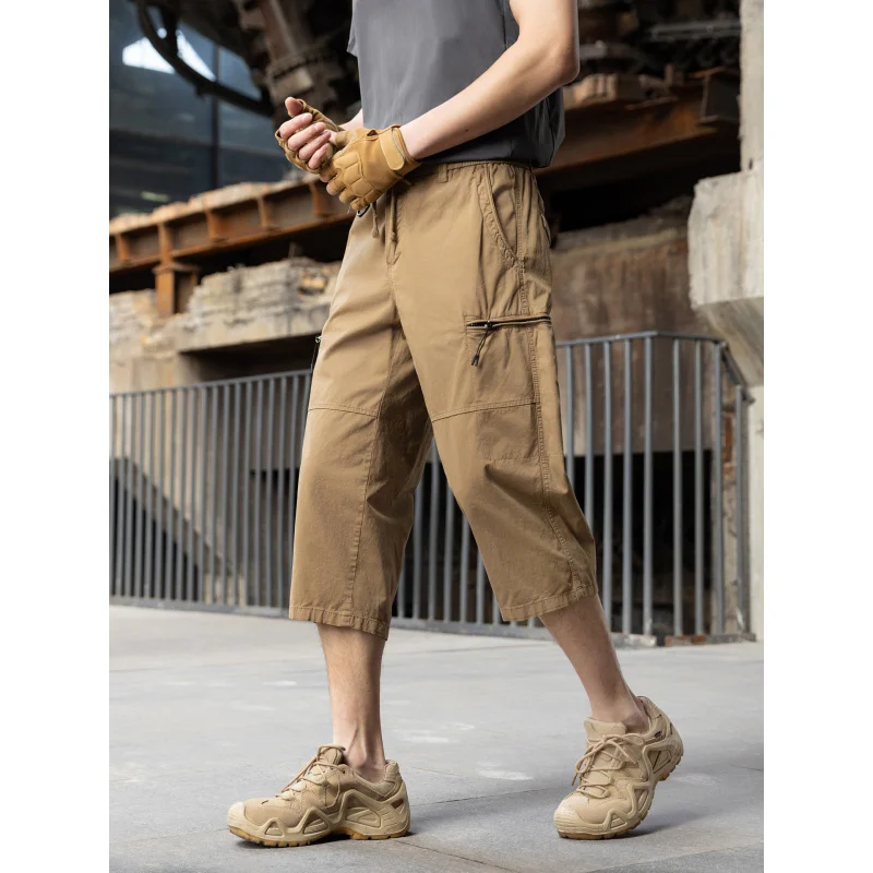 Men's Workwear Cropped Pants Loose Straight Leg Casual Mid-Length Summer Thin Zipper Pocket Pants