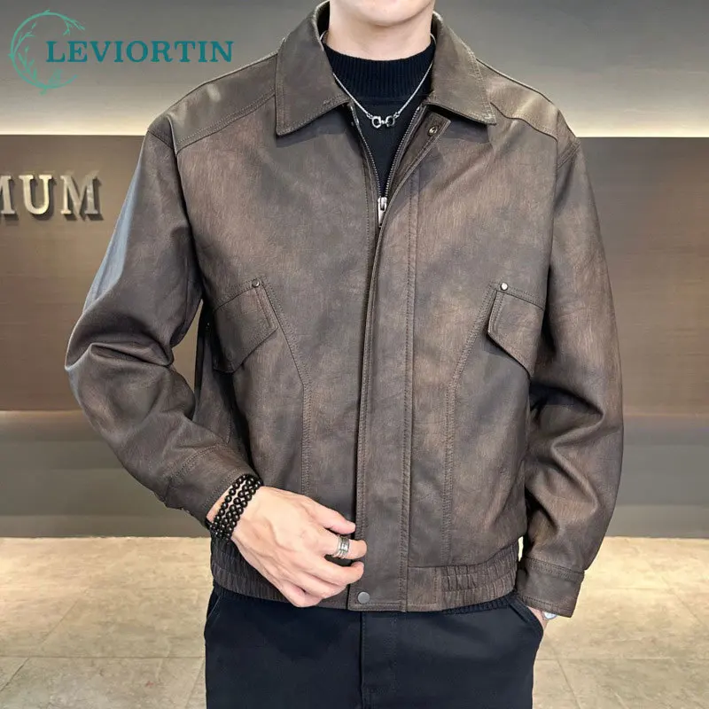 Men's 2025 new spring and autumn fashion urban lapel solid color simple casual retro motorcycle leather jacket jacket to