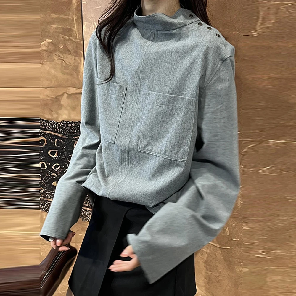 

Early autumn unique chic French stand-up collar design sense niche fashionable long-sleeved shirt top women's clothing