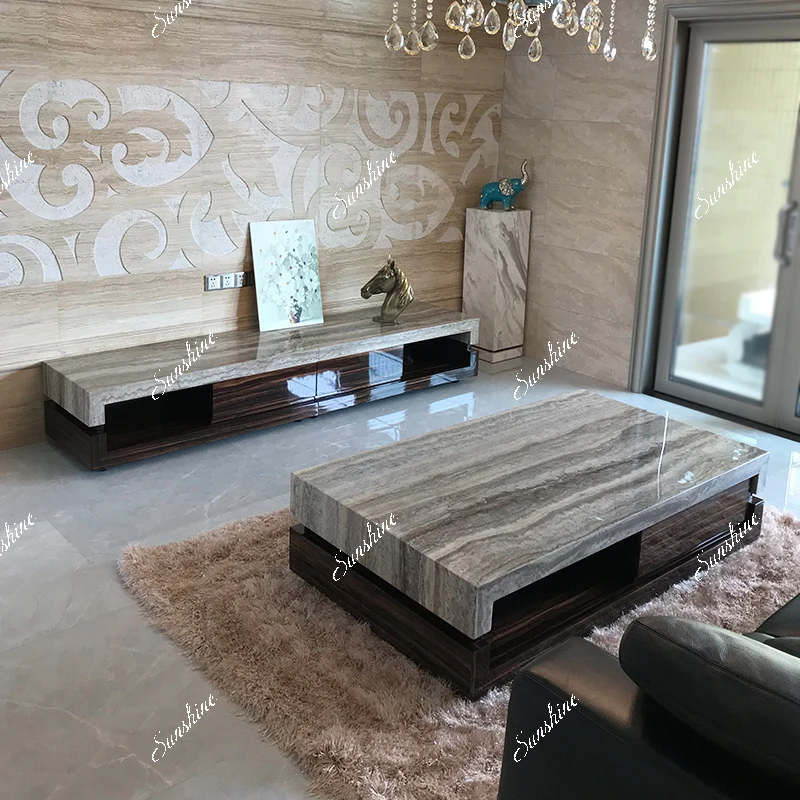 

White gray travertine coffee table TV, combinable, simple, living room, furniture, floor cabinet