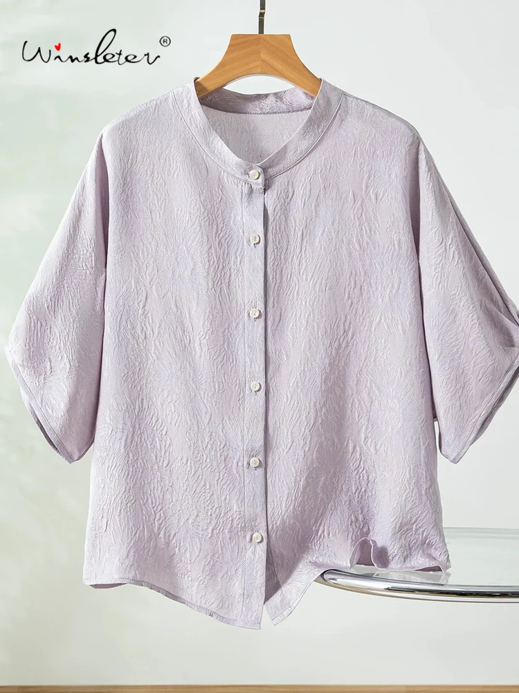 

Winsleter-100%Real Silk Guanle Crepe Elegant Shirt, Batwing Sleeve Solid, Women Basic Commute Loose Blouse, 2026 Summer T64503CC