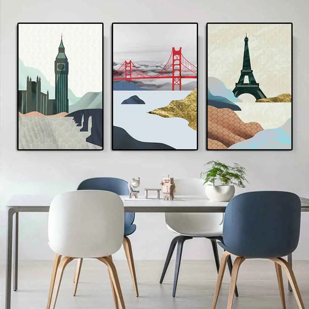 

Abstract Golden Gate Bridge Travel Poster Eiffel Tower Illustration Elizabeth Tower Canvas Painting Nordic Wall Art Room Decor