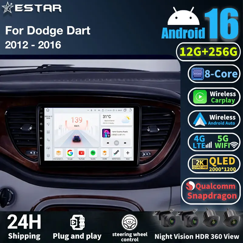 Radio Multimedia Android 16 para Dodge Dart 2012 2013 2014 2015 2016, Reproductor Estéreo para Auto, Bluetooth, CarPlay, Pantalla, WIFI