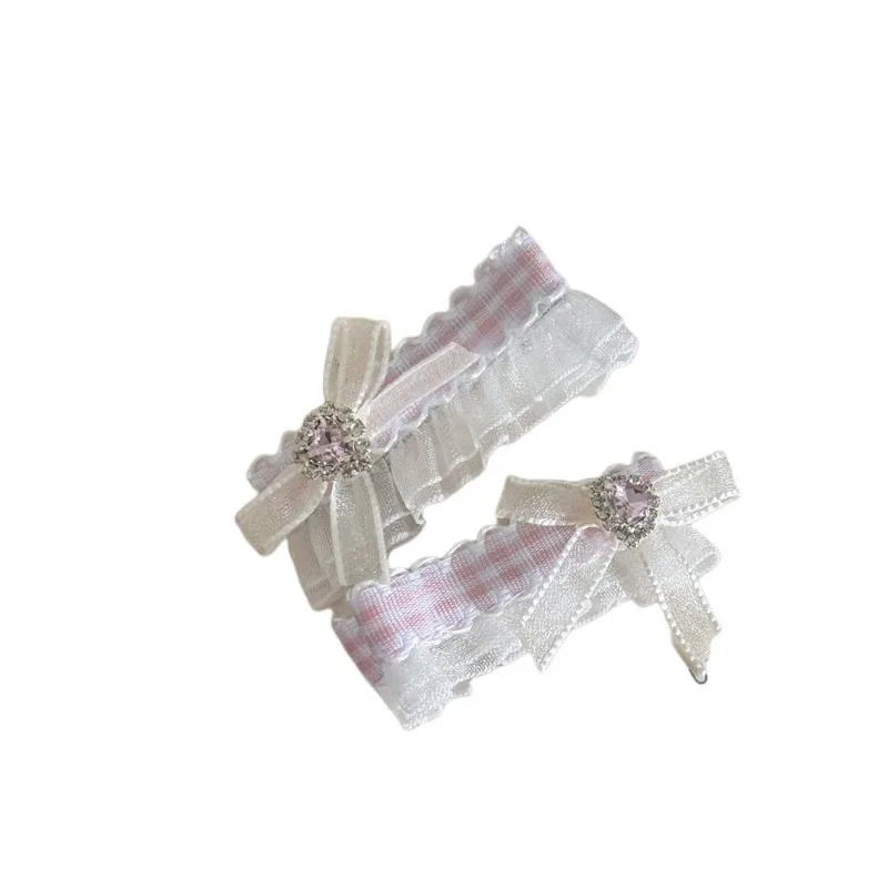 Pink Fresh Plaid Rhinestone Bow Barrettes Sweet Cute a Pair of Hairclips All-Match Bangs a Pair of Hairclips Hair AccessoriesNew