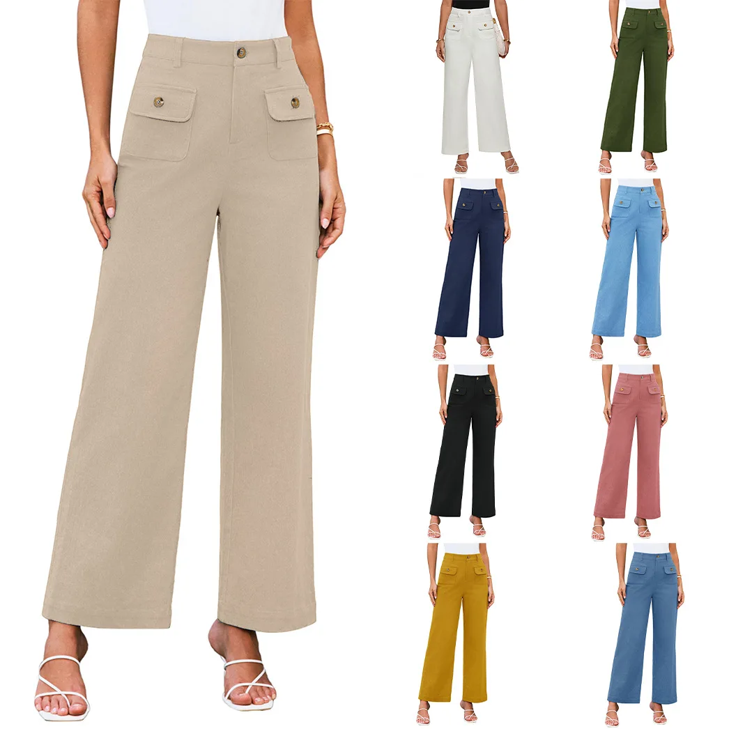 

High Waist Wide Leg Pants Women's Casual Business Work Trousers with Pockets Elastic Long Pants Formal Office Wear