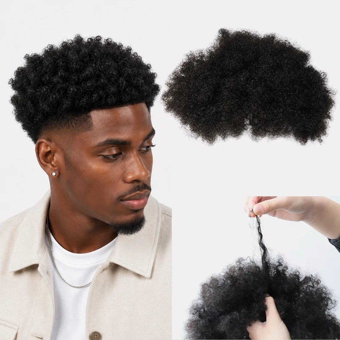 8x10 Herren-Haarteil Afro Kinky Curly, Naturalschwarz, maschinell gefertigte Basis, Echthaar-Toupet bei Haarausfall