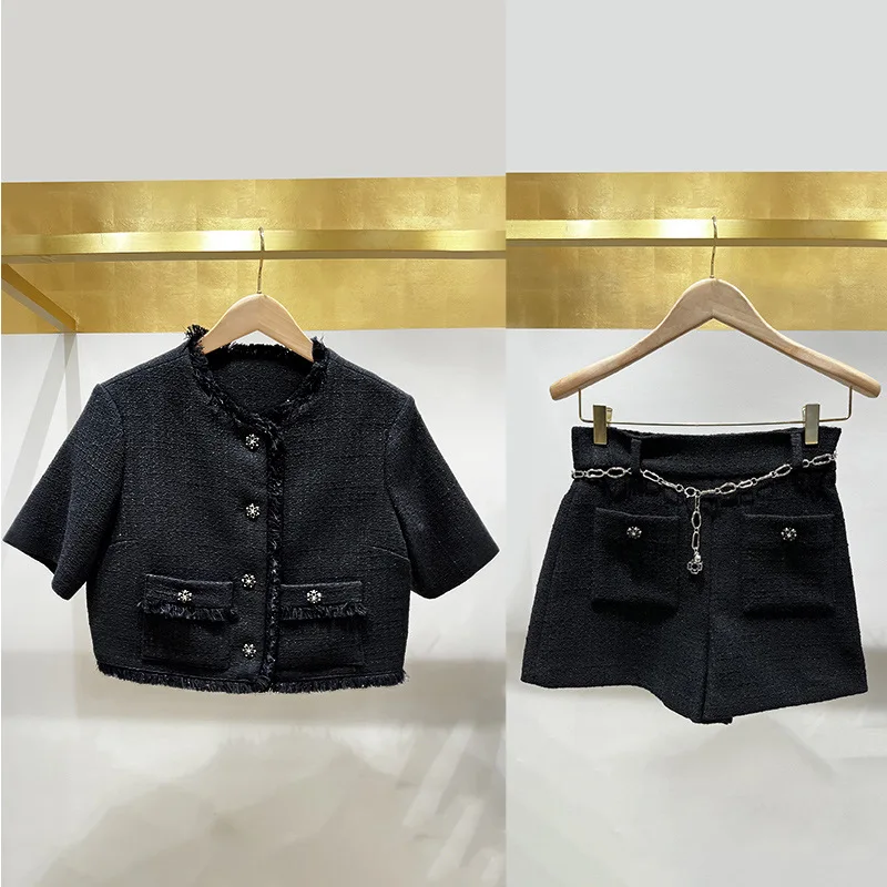 

【Gift Free】2026 Early Spring French Tweed Fur-Trim Rhinestone Button Short Jacket & Shorts Two-Piece Set for Women