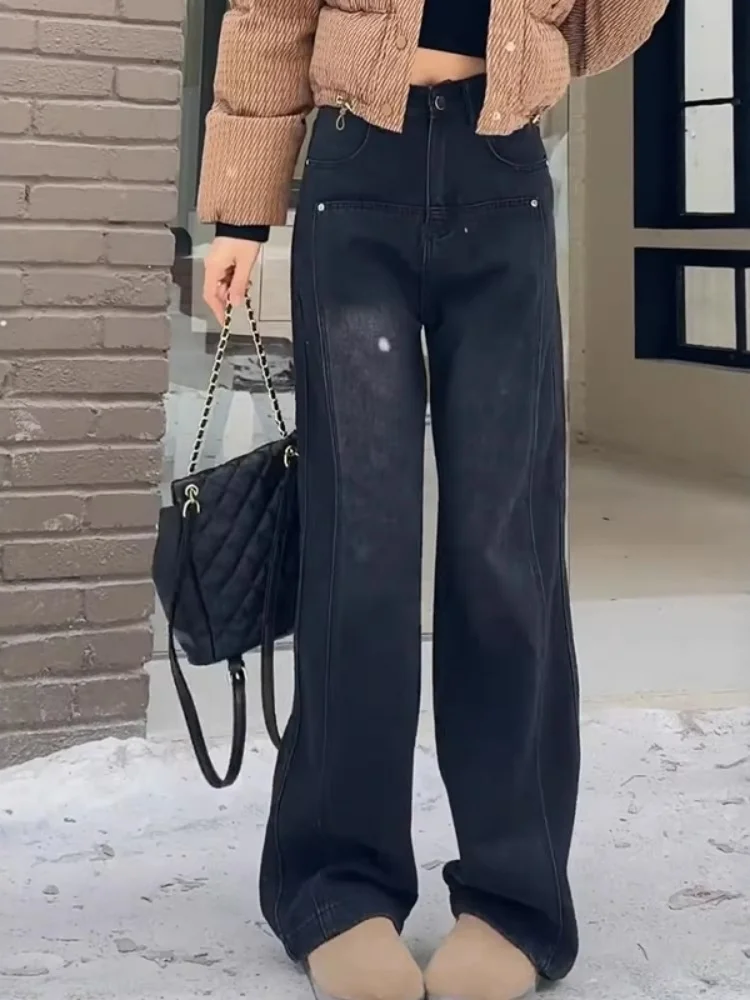 

plus Size Fleece Lined Thick Straight Leg Denim Jeans Women's High Waist Slimming Wide Leg Long Pants Autumn Winter Design