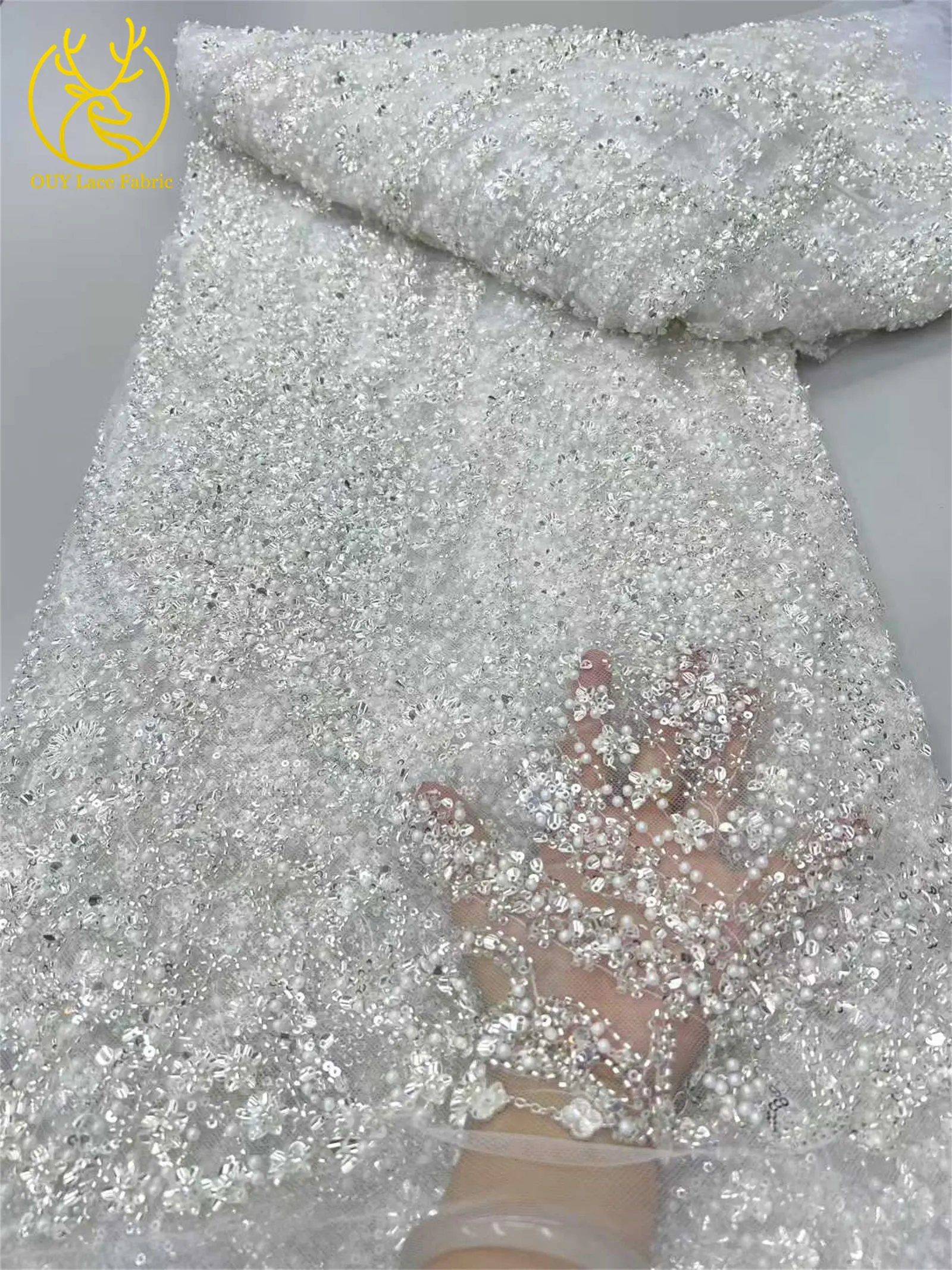 2025年 エレガント アフリカ ナイジェリア ファッション ビーズ レース ハイエンド 高級 フランス スパンコール メッシュ レース 生地 レディース イブニングドレス パーティー 5Y